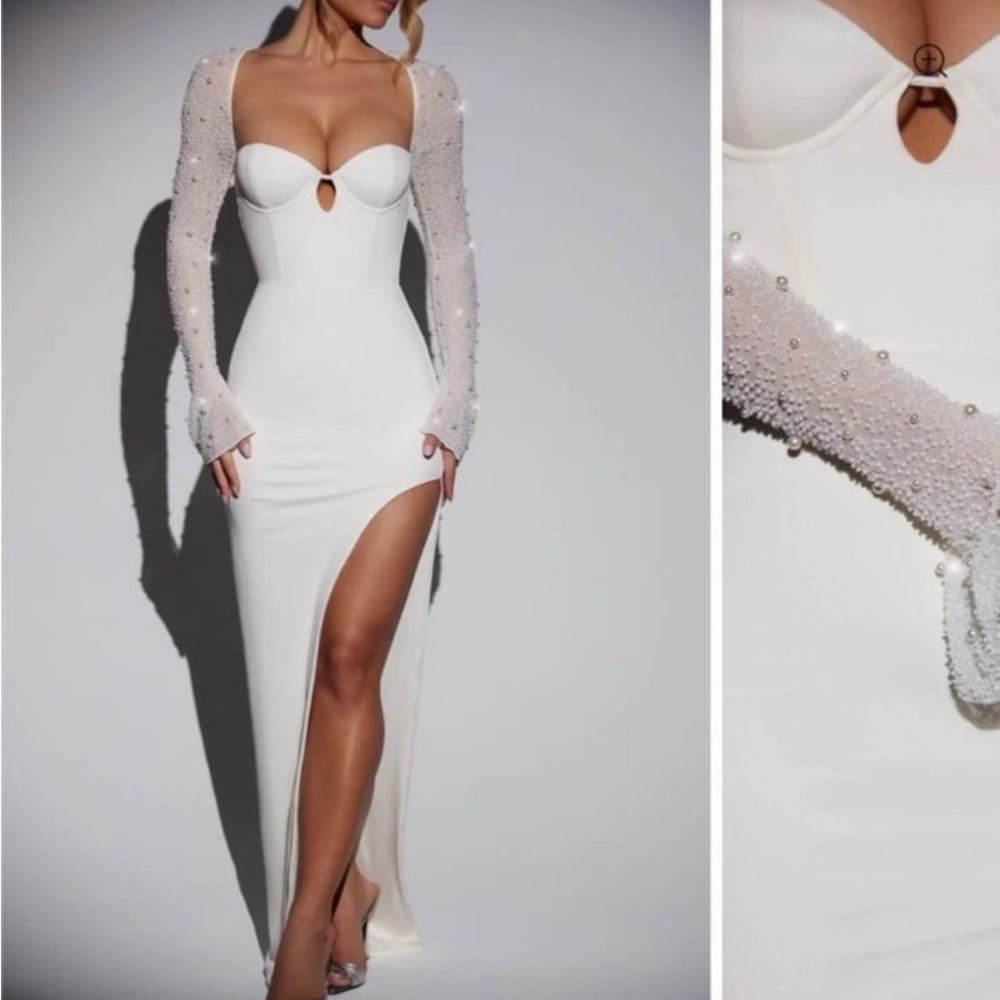 Oh Polly White Pearl Embellished Long Sleeve Dress
